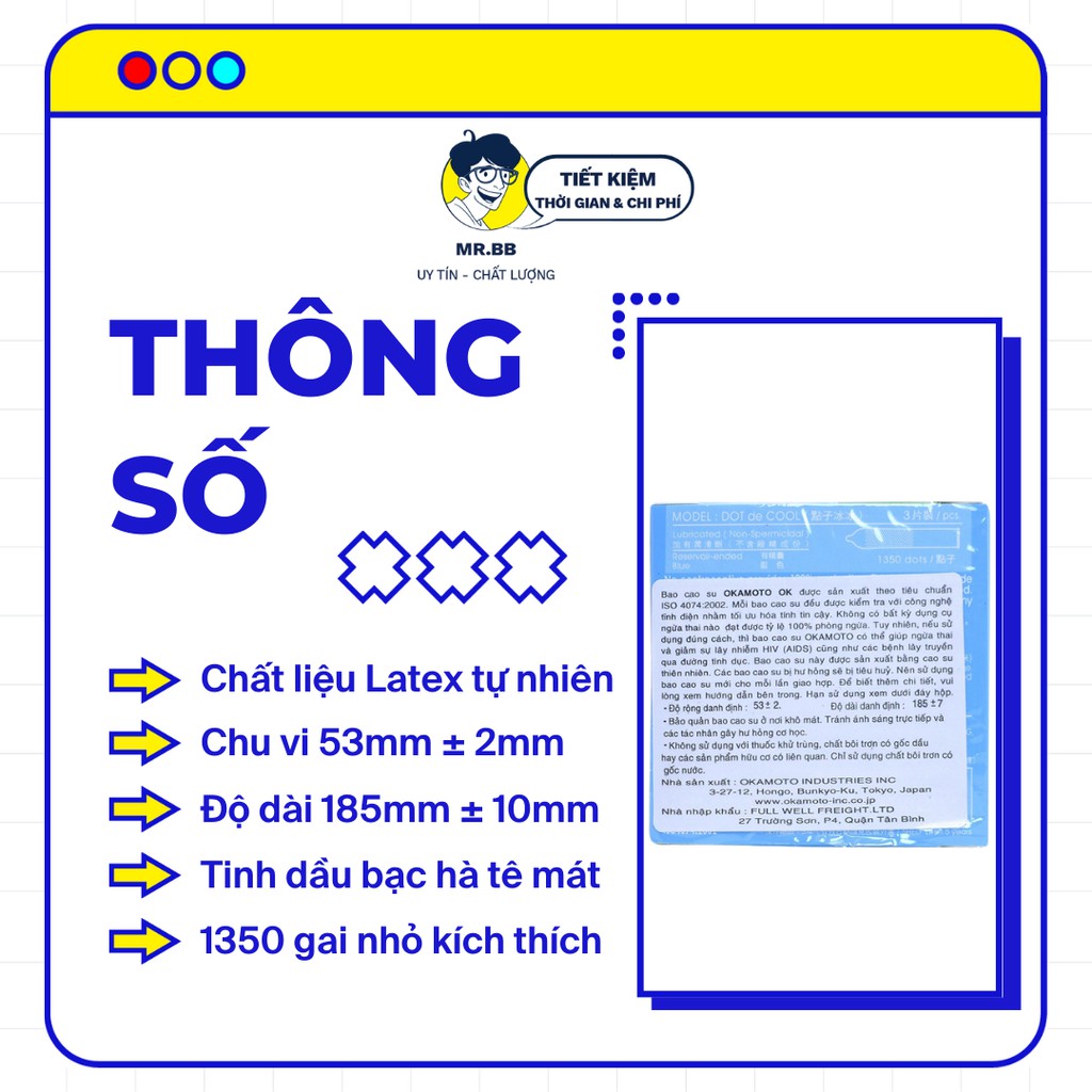 Bao cao su OKAMOTO Dot De Cool chính hãng, tạo cảm giác mới mẻ, kích thích, đê mê hộp 3 chiếc | Mr.BB