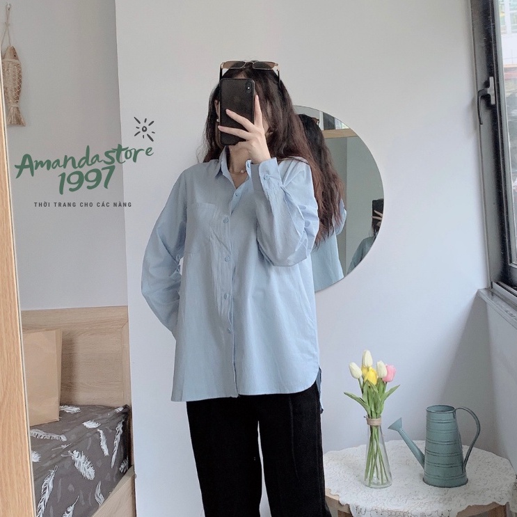 [Mã FAMARAL1 giảm 10K đơn 50K] {Amanda}Áo sơ mi nữ dài tay basic dáng rộng túi ngực chất thô 3 màu trắng be xanh HOTHIT