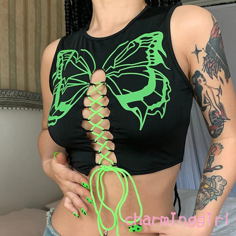 Áo Croptop Sát Nách Cổ Tròn Cột Dây Chéo In Họa Tiết Bướm Thời Trang Quyến Rũ Cho Nữ