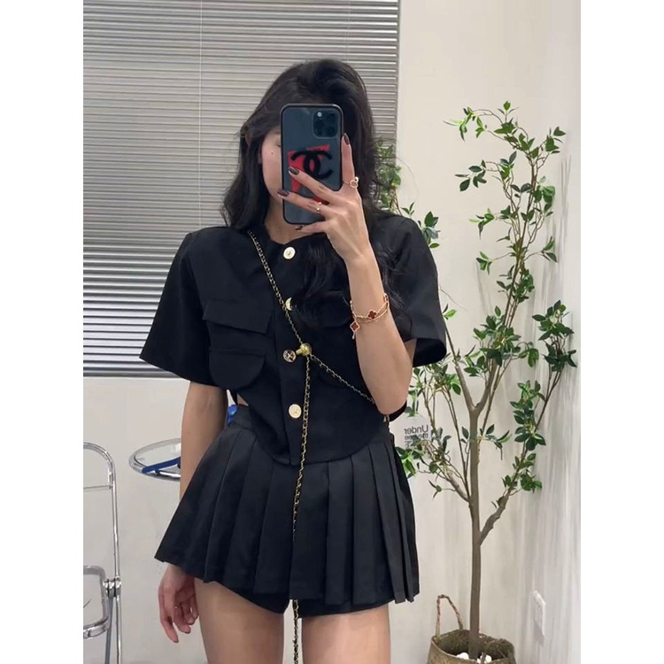 Hot!F &amp; X Set Áo Sơ Mi Phối Chân Váy Xếp Ly Eo Cao Thời Trang Mùa Hè Phong Cách Hàn Quốc Dành Cho Nữ