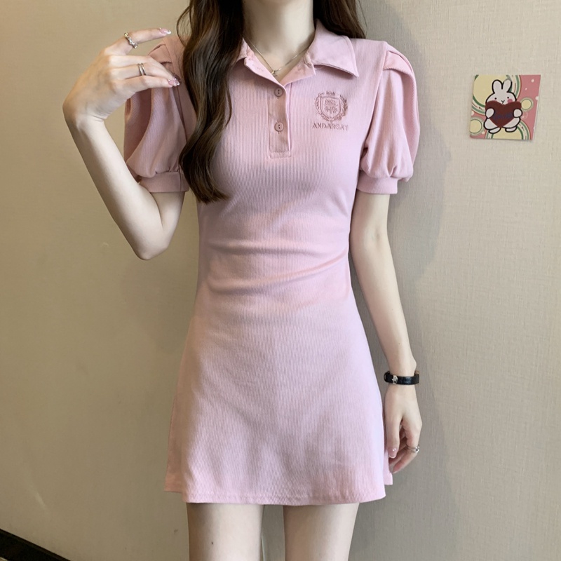 SUXI Đầm Mini Tay Phồng Cổ POLO Màu Trơn Ngọt Ngào Thời Trang Mùa Hè