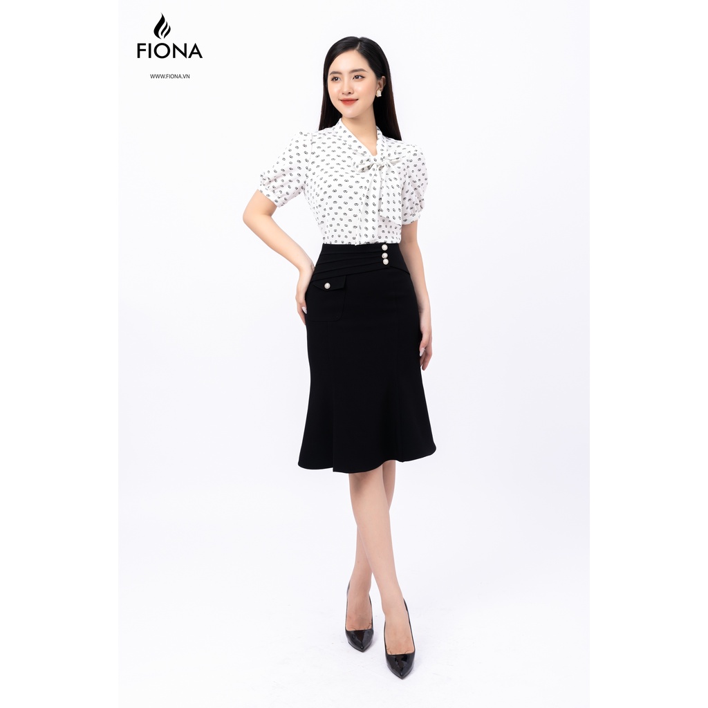 Sơ mi đen họa tiết trắng Fiona, Áo sơ mi nữ cổ nơ nẹp lệch FIONA F551219