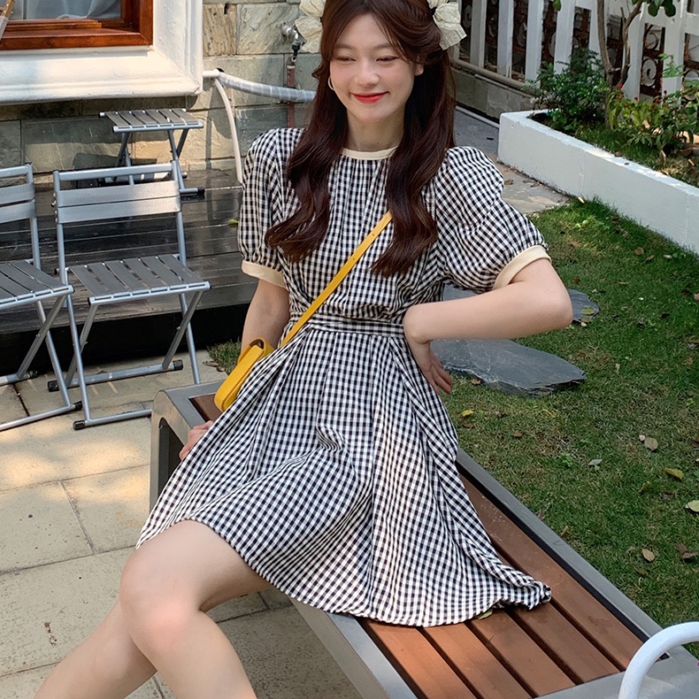 Đầm chữ A SUXI ngắn tay cổ tròn kẻ sọc caro phong cách Hàn Quốc thời trang hè cho nữ