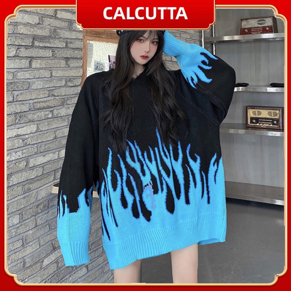 calcutta Áo sweater dệt kim chui đầu cổ tròn dáng rộng màu sắc lửa cho nữ