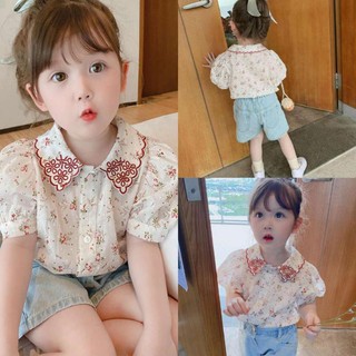 TM1921 Áo Sơ Mi Ngắn Tay Thêu Hoa Phong Cách Vintage Hàn Quốc 2021 Cho Bé Gái
