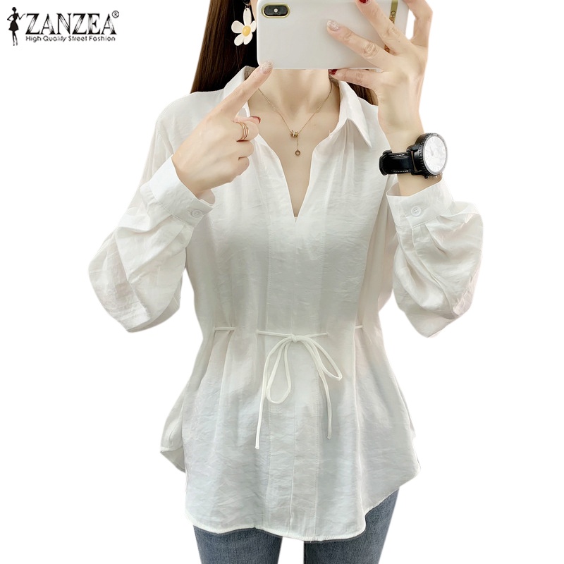 Áo sơ mi Zanzea cổ bẻ dáng rộng màu trơn phối dây rút thời trang trẻ trung cho nữ
