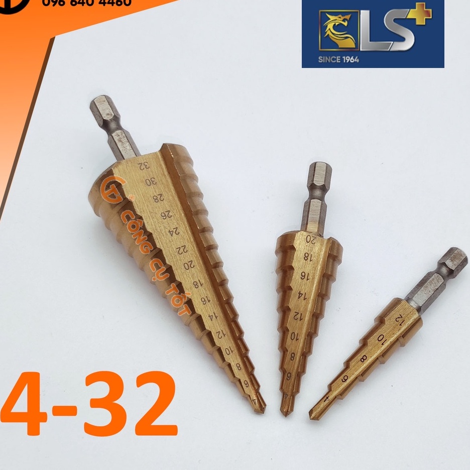 Bộ 3 mũi khoan tháp 4-32mm bước thẳng chuôi lục LS+