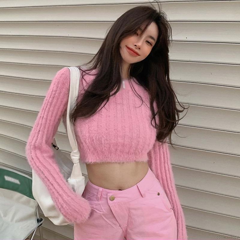 Áo Croptop Nữ Dệt Kim Lông Thú Mềm Mại Giữ Ấm Thiết Kế Tay Dài Cổ Tròn Phong Cách Hàn Quốc