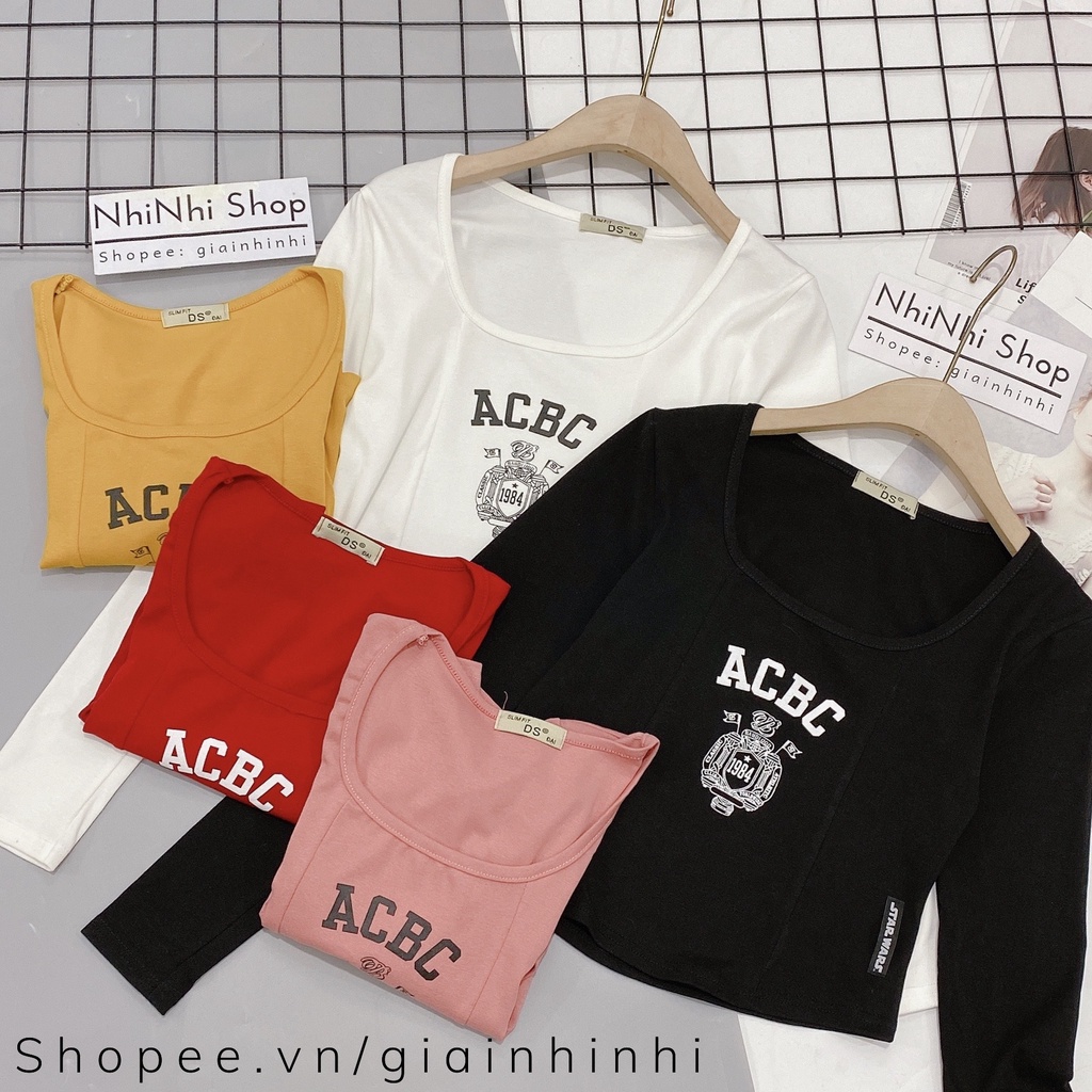 Áo thun cổ vuông dài tay in chữ, Áo kiểu cổ U dáng ôm co giãn AS6018 - NhiNhiShop
