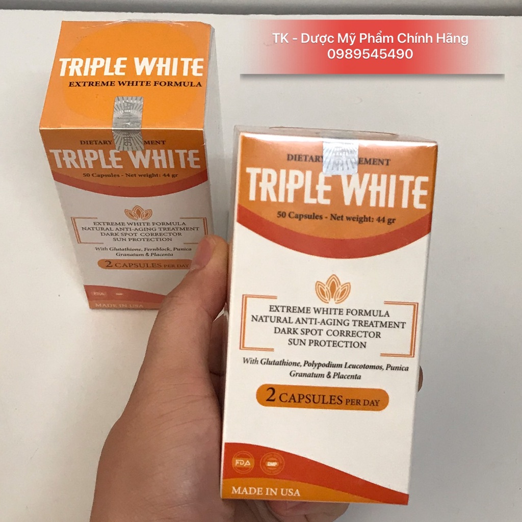 (CHÍNH HÃNG) TRIPLE WHITE Viên Uống Trắng Da Glutathione 1200mg, Chống Nắng, Giảm Thâm Nám, Chống Lão Hoá - Hộp 50 Viên | Thế Giới Skin Care