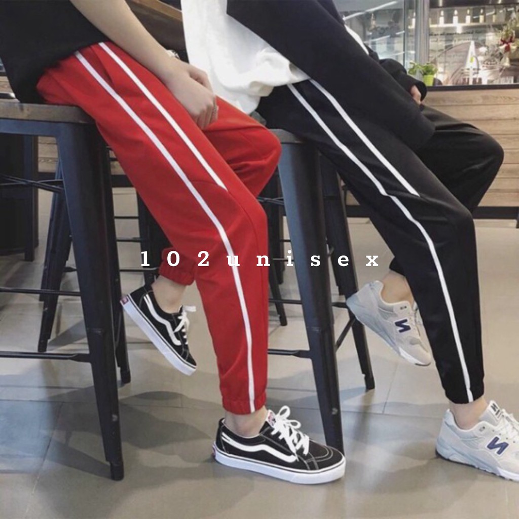 Quần nỉ thể thao, Quần jogger style kẻ sọc nhỏ dáng dài bo gấu hai màu đỏ đen co giãn thoải mái