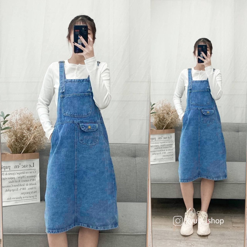 Yếm Váy Jean Dài Ulzzang 2 dây có túi trước [Có Set ]  - Set Váy Yếm Kyubi POMI VYJ01