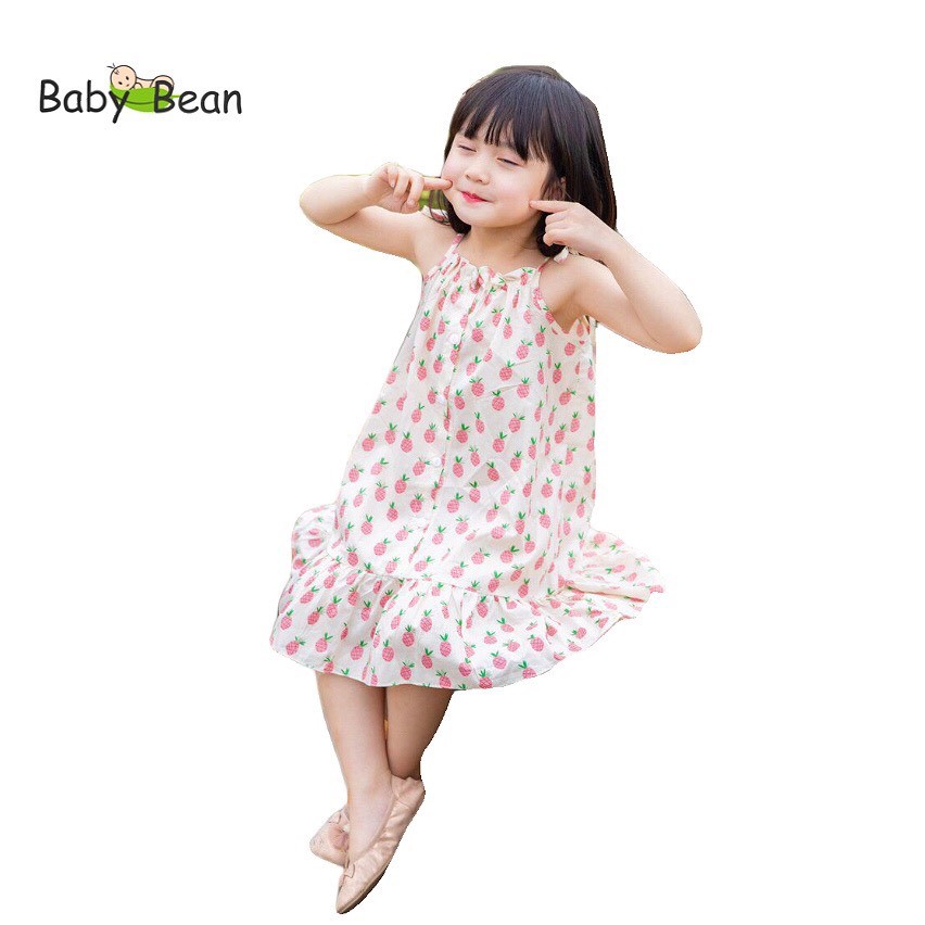 [MÃ THƯƠNG HIỆU YÊU THÍCH Voucher giảm 10%] Đầm Cotton Cột Dây Vai Họa Tiết Quả Dứa Bé Gái BabyBean