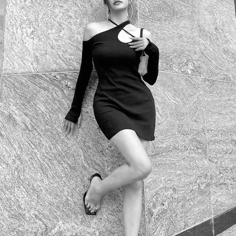 DUNEA Đầm lệch vai phối dây buộc cổ tay dài gợi cảm cho nữ