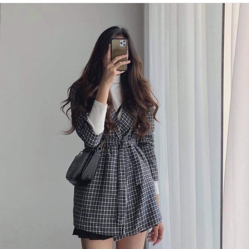 [Ảnh thật] Áo khoác dạ kẻ dáng rộng phong cách Hàn Quốc có kèm đai buộc