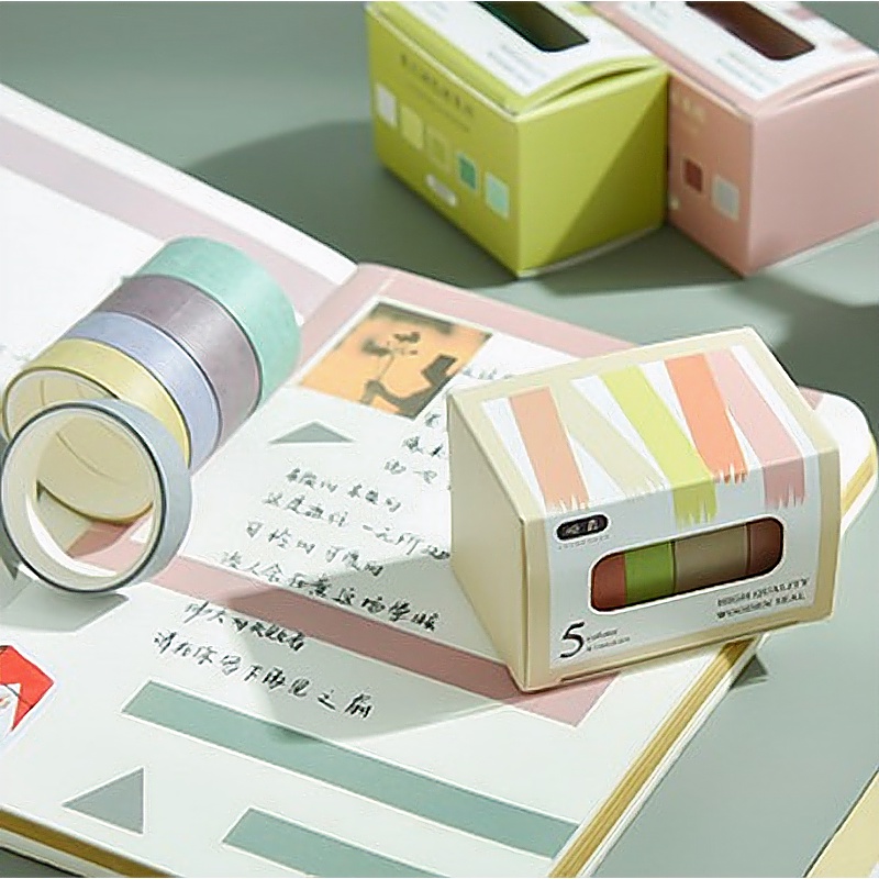 Washi tape vintage set 5 cuộn băng dính nhiều màu sắc dùng trang trí đa năng, sổ bullet journal