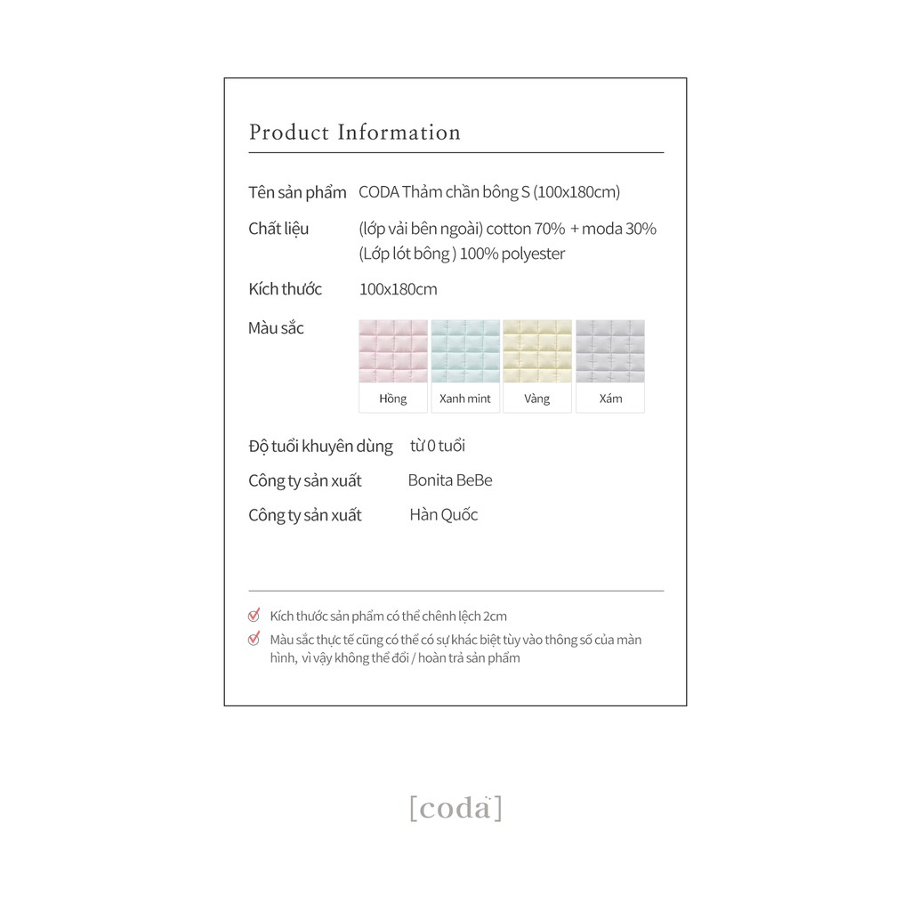 Thảm trải chần bông  Coda mềm mại thích hợp 4 mùa cho bé nhập khẩu Bonitabebe HQ