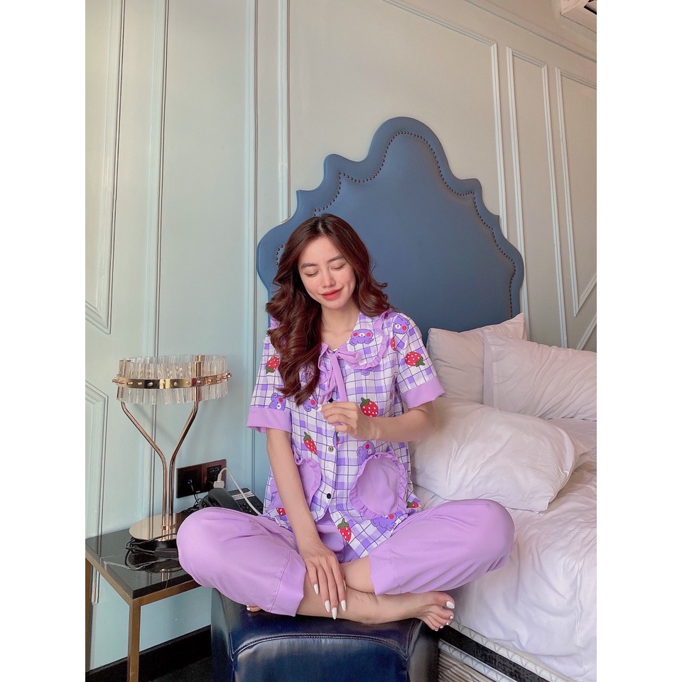 Đồ đồ ngủ nữ, pijama ở nhà nữ tay ngắn vải kate lụa họa tiết gấu dễ thương giá xưởng ảnh thật