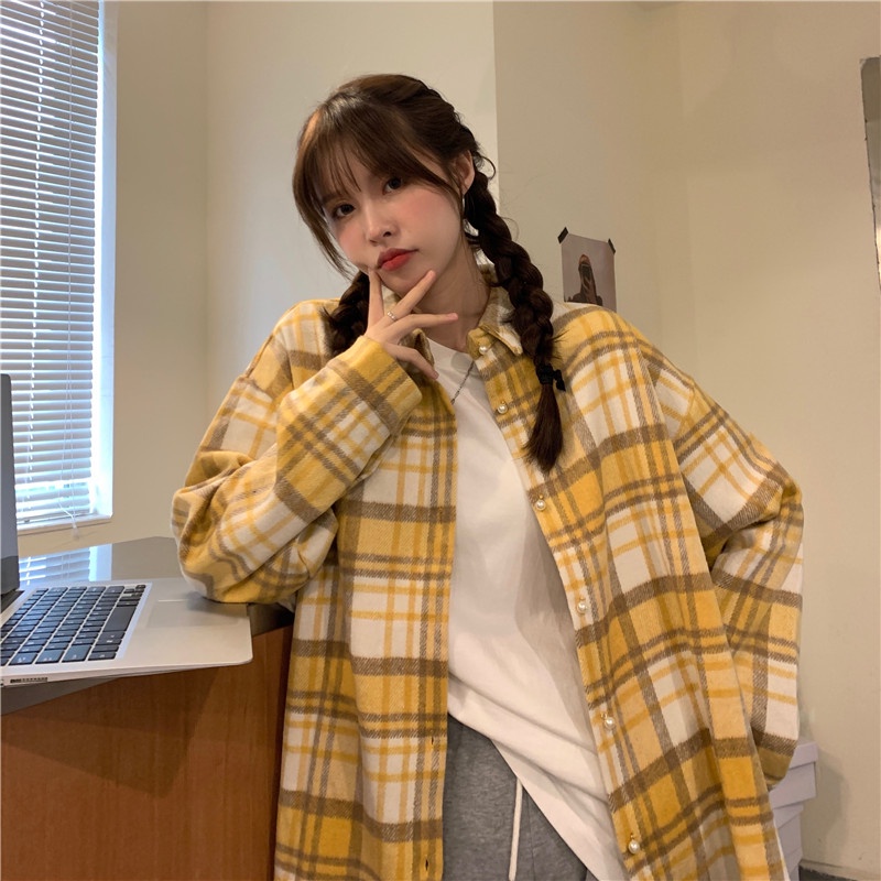 Áo sơ mi tay dài dáng rộng họa tiết caro phong cách Hàn Quốc thời trang cho nữ