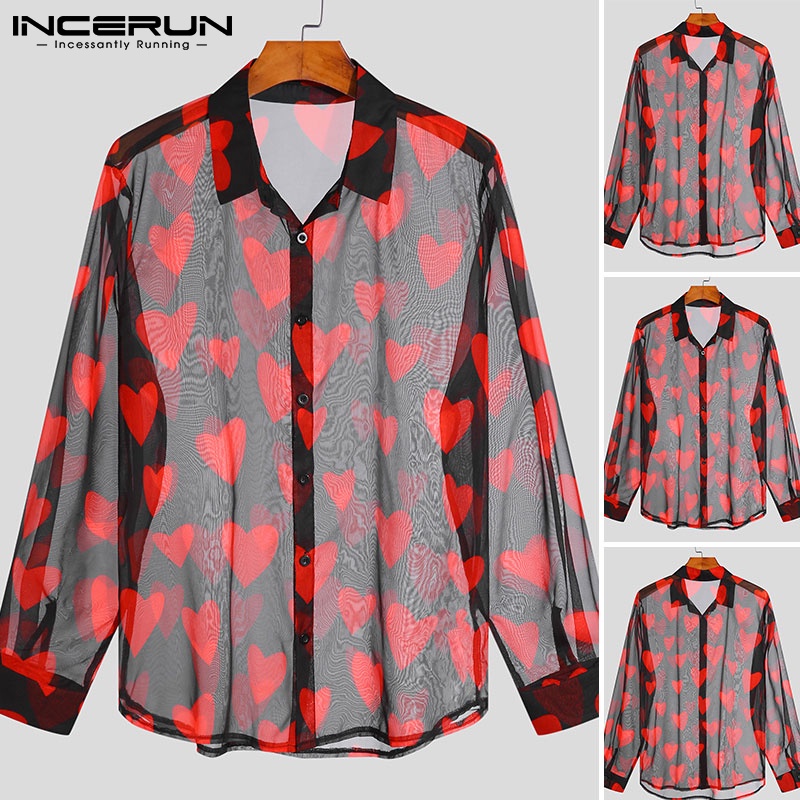 Áo sơ mi INCERUN dài tay hình trái tim nhìn xuyên qua quyến rũ nam tính