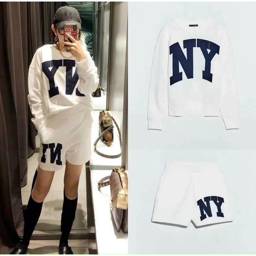 Bộ đồ nữ , Bộ Áo Trắng Dài Tay Quần Đùi Nữ Chữ N.Y Y Hot Trend 2021