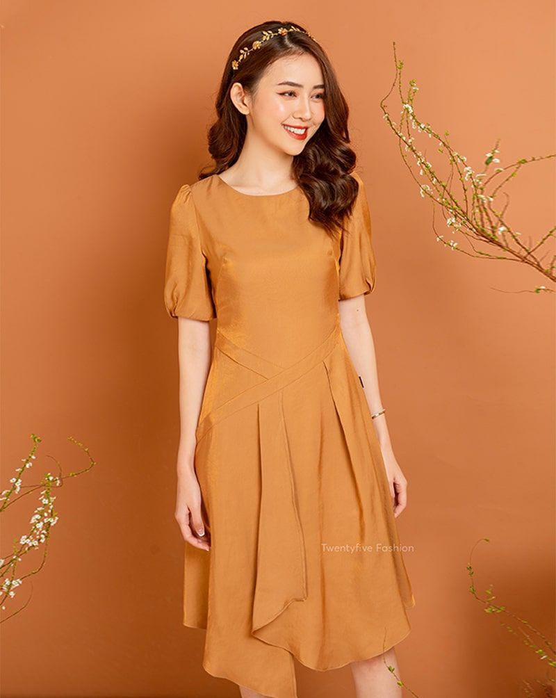Đầm nữ dự tiệc đắp tà dáng ôm cổ tròn tay bồng Twentyfive N2100