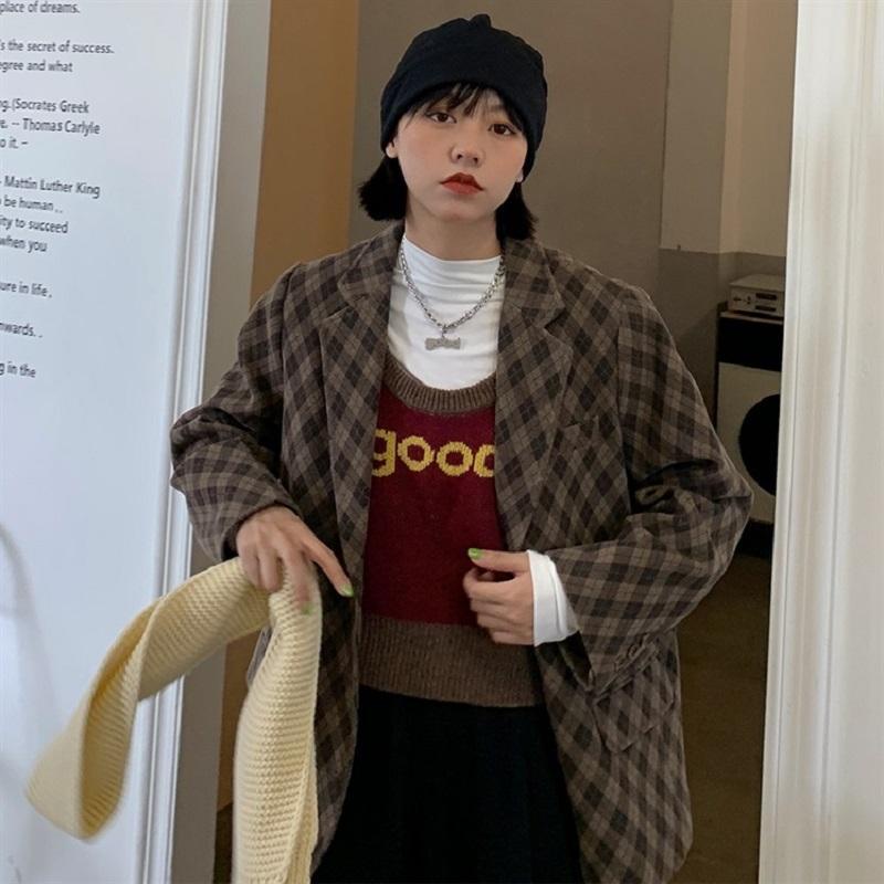 Áo khoác ghi lê dệt kim cổ tròn in chữ thời trang thu đông cho nữ