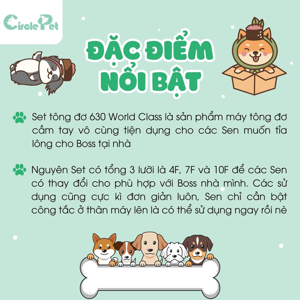 Set Tông Đơ Chó Mèo 630 (4F, 7F, 10) WORLD CLASS Kèm 3 Lưỡi Dễ Thay Lắp Cầm Tay Nhỏ Gọn - Circle Pet