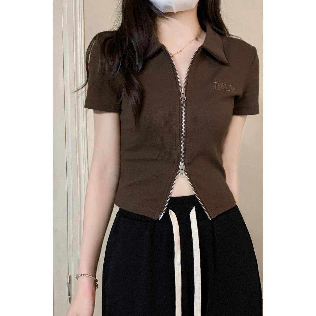 Áo Thun Lửng Cổ Polo Có Khóa Kéo Thời Trang Mùa Hè Dành Cho Nữ 100 Màu match