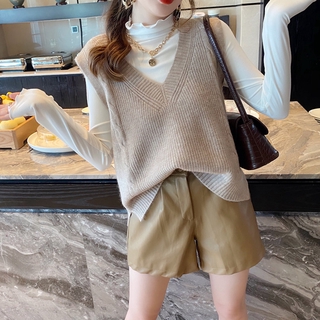 Áo Len Sát Nách Cổ Chữ V Dáng Rộng Màu Trơn Phong Cách Hàn Quốc