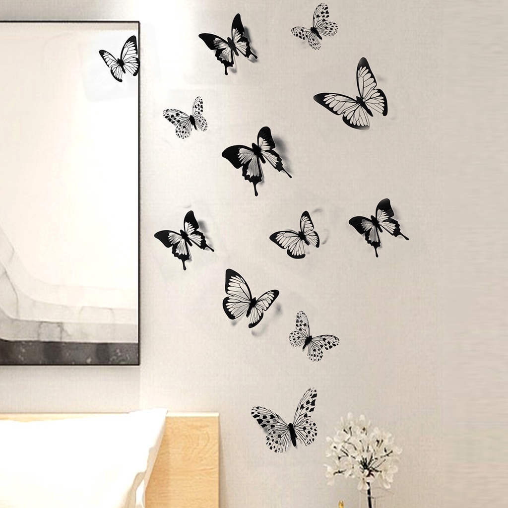 Set 24 miếng dán tường trang trí hình bướm 3D màu trắng đen DIY