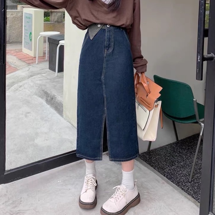 Chân váy jean kaki dáng dài, chân váy dài cạp cao hai màu xanh đen_A15
