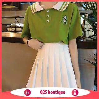 New - Áo Thun Polo Tay Ngắn Có Cổ Phối Nút Thêu Hình Quả Bơ Xanh Trắng Hot