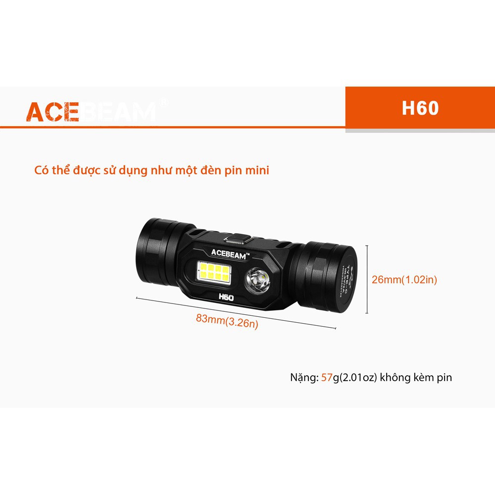 Đèn đeo đầu ACEBEAM H60-Độ sáng 1250lm chiếu xa 150m độ hoàn màu CRI 96 sử dụng pin 18650 (kèm theo) Đèn &amp; Đèn pin