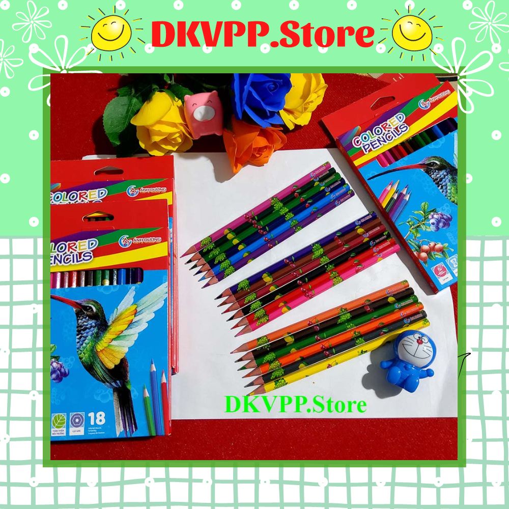 Hộp bút chì 18 màu Chim Ruồi Ánh Dương, DKVPP.Store Chì gỗ lục giác 2,8mm Viết, Tô màu, Vẽ tranh đẹp cho bé trên 3 tuổi