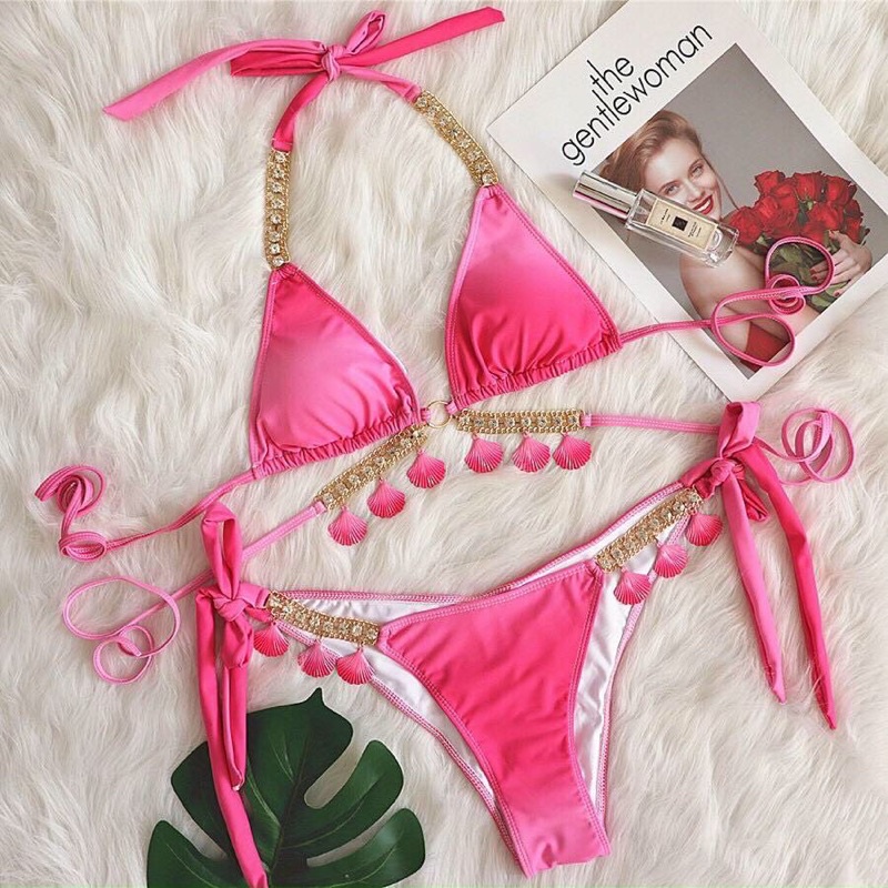 BIKINI CAO CẤP NHIỀU MÀU Đồ bơi 2 mảnh áo tam giác basic - quần chip sexy đính vỏ sò sành điệu 2022(có mút đệm)
