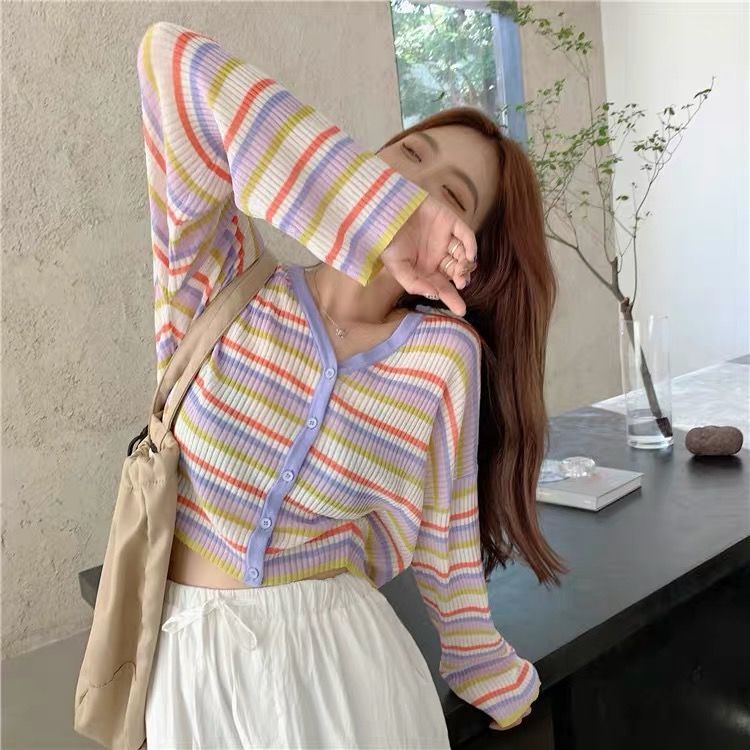 Áo Cardigan Dệt Kim Tay Dài Kẻ Sọc Thời Trang Xuân Hè Cho Nữ 2021