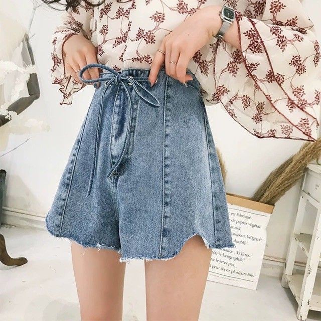 {order} Có bigsize Quần short jeans cạp dập lỗ tròn luôn dây buộc, gấu rách 2019 - Hàng Quảng Châu