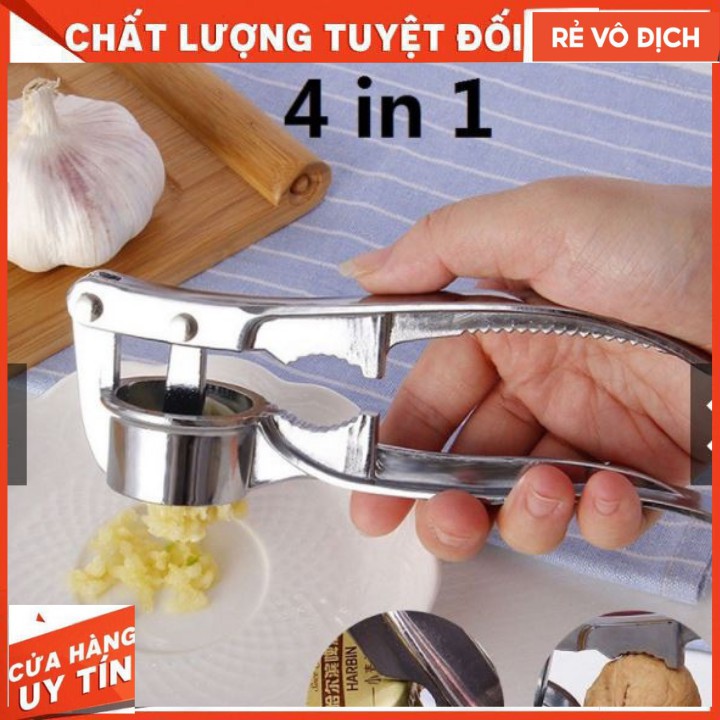 ĐỒ GIA DỤNG Dụng Cụ Đa Năng 4 in1 Dành Cho Nhà Bếp Ép Tỏi - Mở Bia - Ép Quả - Đánh Vẩy Cá Tiện Dụng Inox Không Gỉ