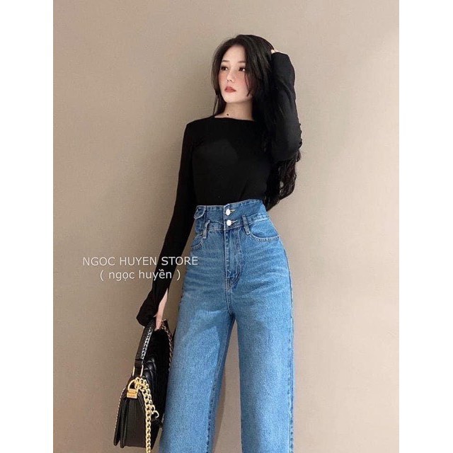 Quần Jeans Ống Suông Cạp Cao, Quần Ống Rộng 2 Khuy Túi Nắp, Quần Bò Dày Dặn Form Chuẩn Tôn Dáng