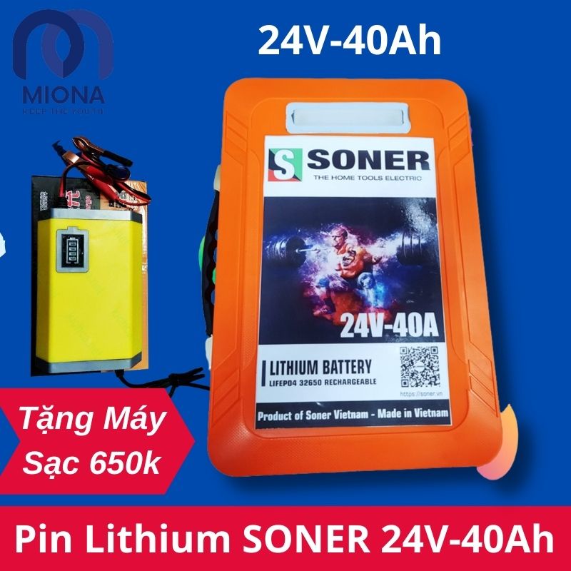 Pin Sạc Lithium SONER 24V - 40Ah, Tặng kèm Máy Sạc Pin Soner, Miona Store