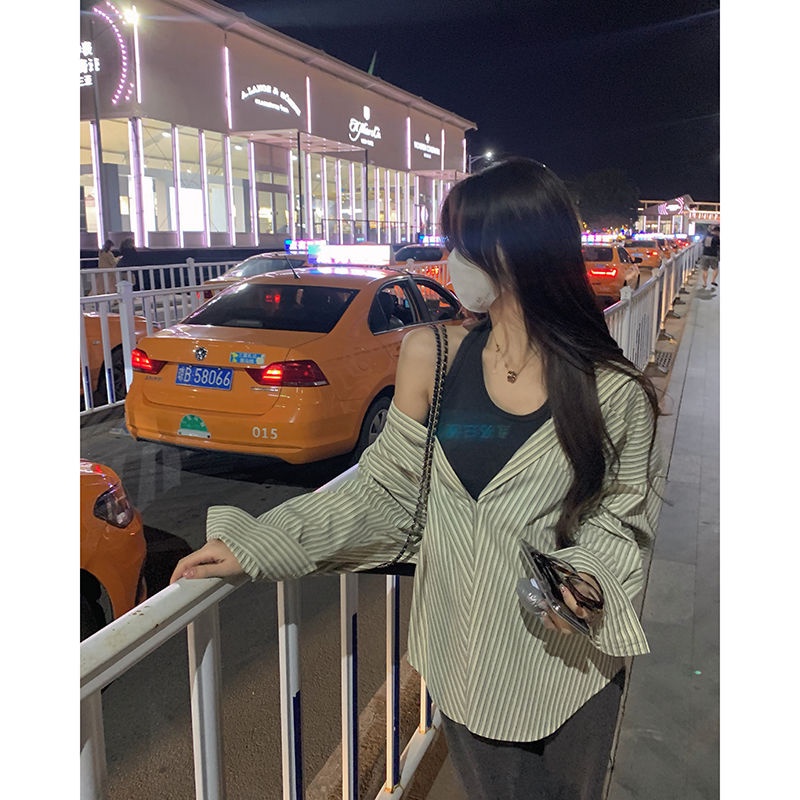 Áo sơ mi COZOKC tay dài dáng rộng kẻ sọc thời trang