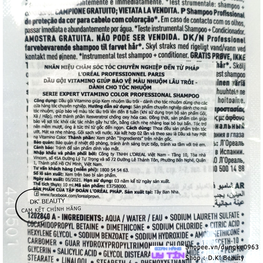 Dầu Gội Hấp Giữ Bền Màu Tóc Nhuộm Serie Expert Vitamino Resveratrol (Dạng Tester) - Loreal Professionnel