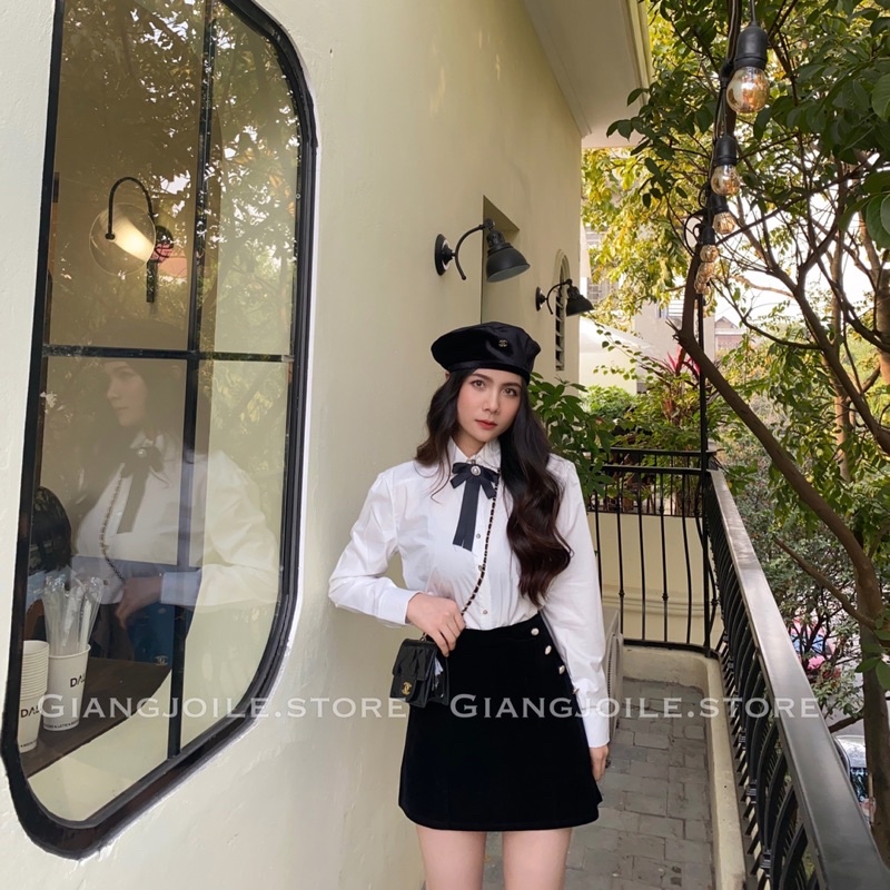 Giangjoile Somi cổ nơ + chân váy nhung chữ A