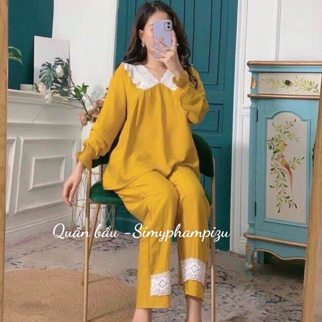 Bộ đồ bầu tiểu thư BD906 chất đũi mềm mát cho mẹ bầu