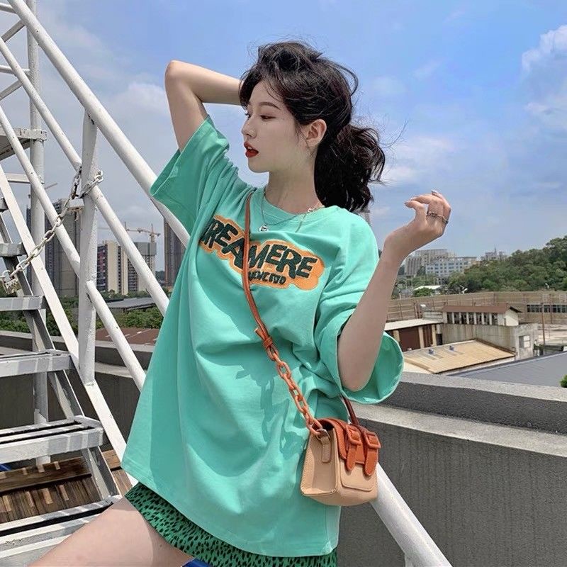 Áo Thun Cổ Tròn Dáng Rộng Thêu Chữ Cá Tính Phong Cách Hàn Quốc