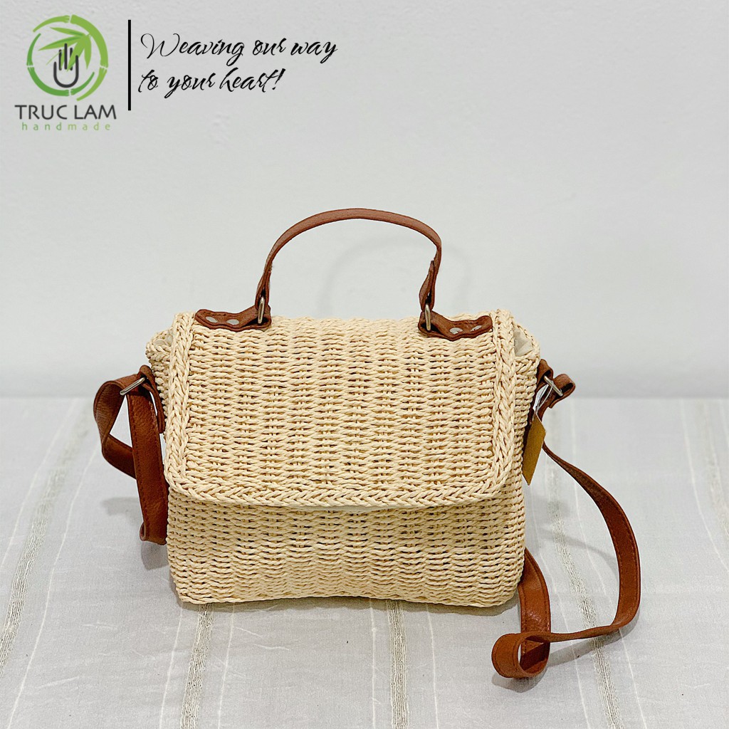 Túi Cói Đeo Chéo Thời Trang Nữ Màu Trơn Quai Da – Trúc Lâm Handmade