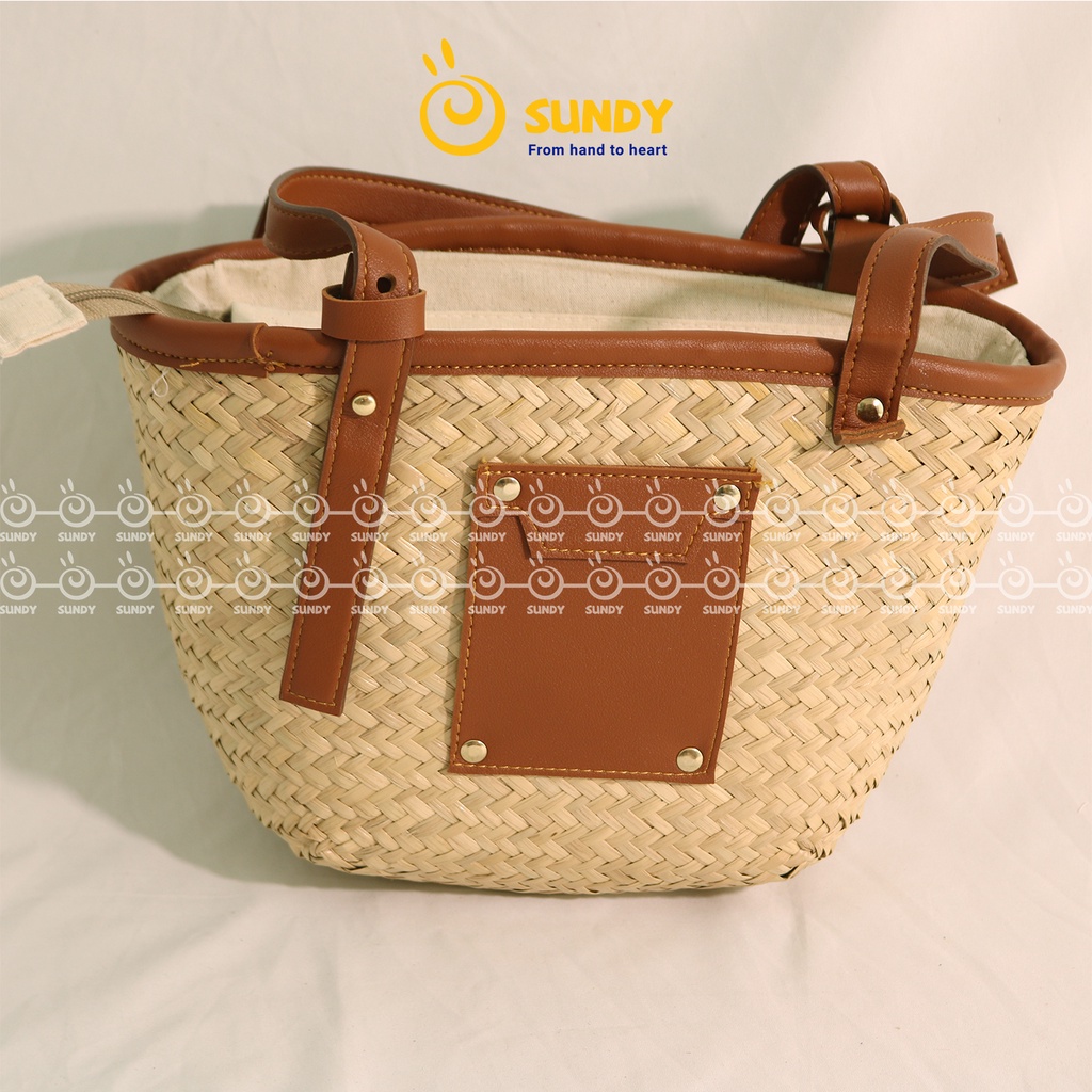 Túi Cói Quai Da SUNDY Chất Liệu Tự Nhiên, Thiết Kế Đơn Giản, Vintage Phù Hợp Đi Làm,Dã Ngoại, Chụp Ảnh-TC014N00