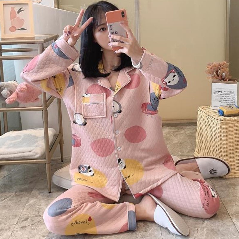 Bộ Đồ Ngủ 3 Lớp Vải Cotton Dày Thời Trang Mùa Đông Cho Mẹ Bầu