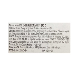 Pin trung C Energizer 1,5V Max E93 BP2-LR14 Max Power (vỉ 2 viên)
